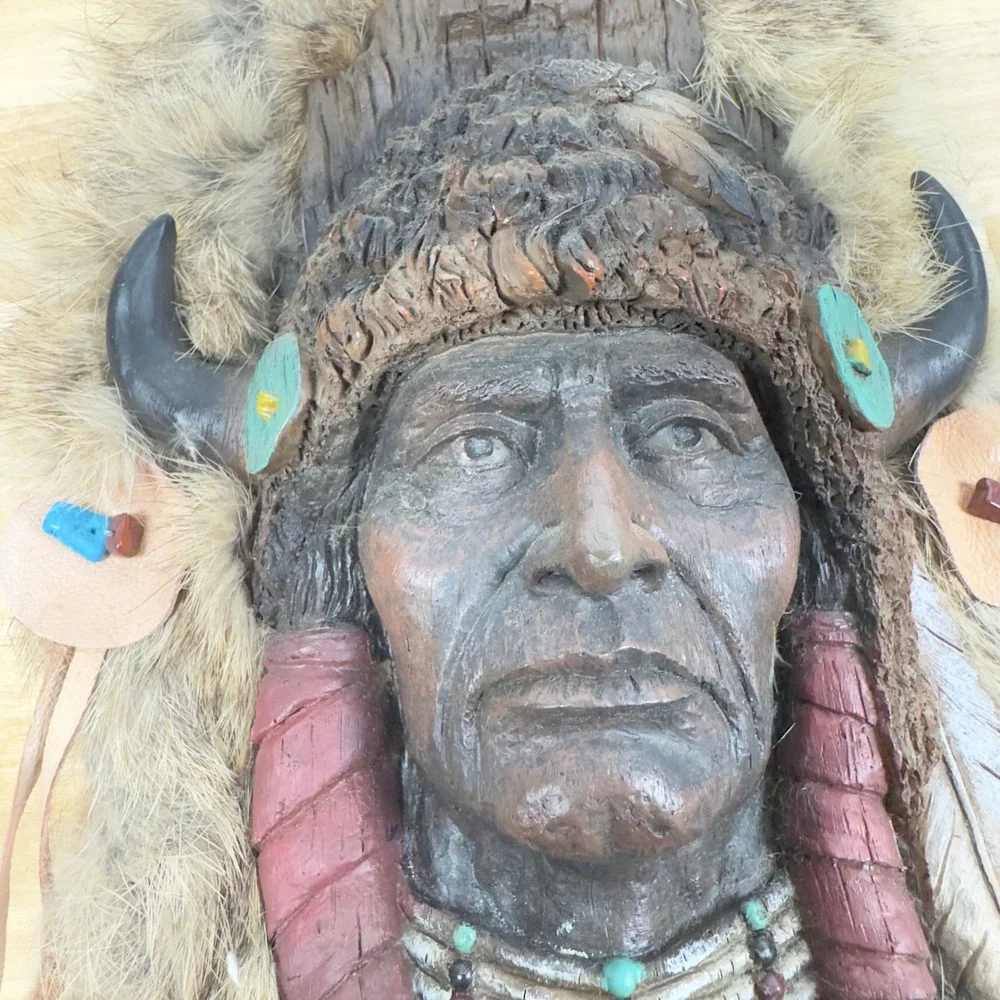 Vintage Native American Style Chief Wall Plaque Faux Fur Leather Wood Decor